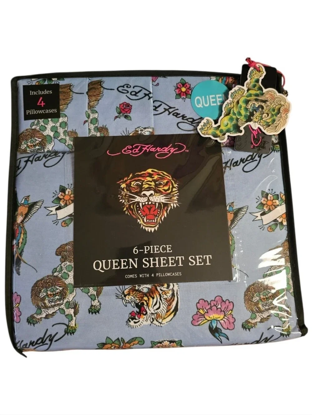 Ed Hardy 6 Piece Foo Dog Tiger Queen Sheet Set